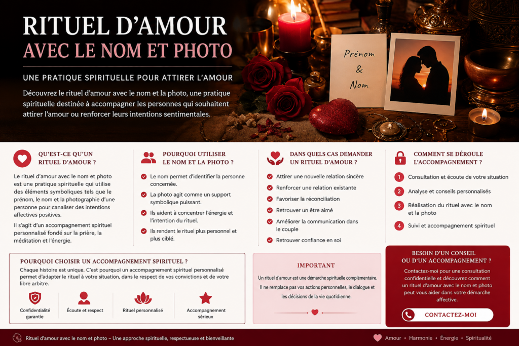 Rituel d'amour avec le nom et la photo illustrée par des bougies, des roses et une photo de couple.