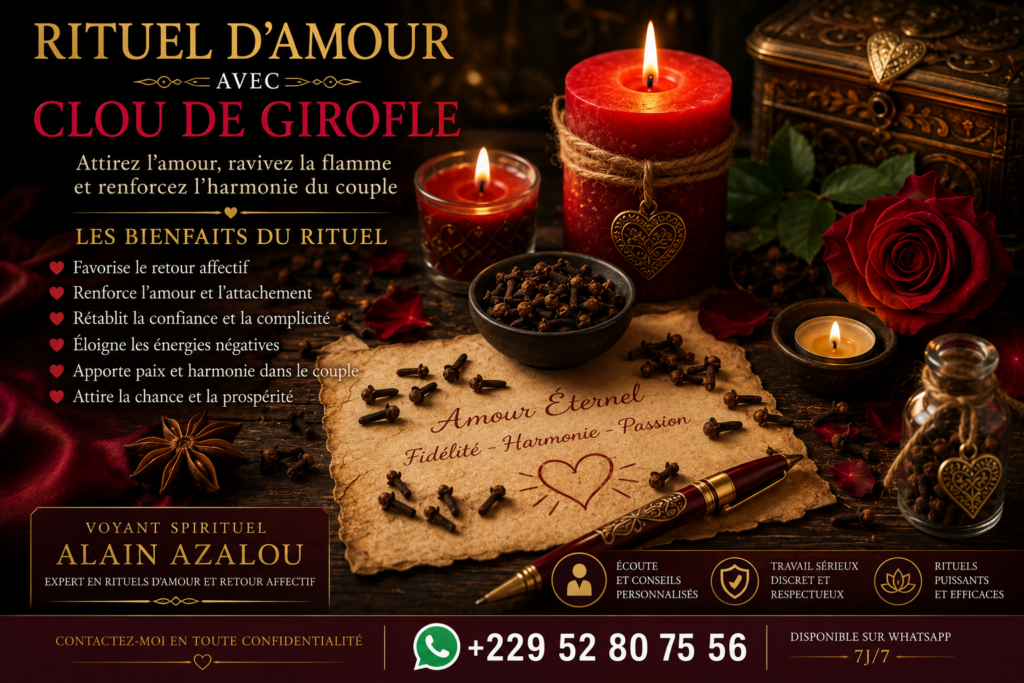 Clous de girofle, bougies allumées, rose rouge et parchemin représentant un rituel d'amour dans une ambiance spirituelle.