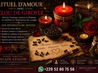 Clous de girofle, bougies allumées, rose rouge et parchemin représentant un rituel d'amour dans une ambiance spirituelle.