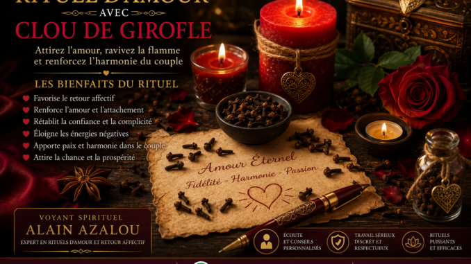 Clous de girofle, bougies allumées, rose rouge et parchemin représentant un rituel d'amour dans une ambiance spirituelle.