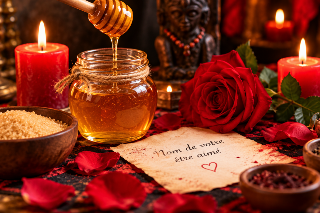 Rituel d’amour avec le nom et le miel dans une ambiance spirituelle
