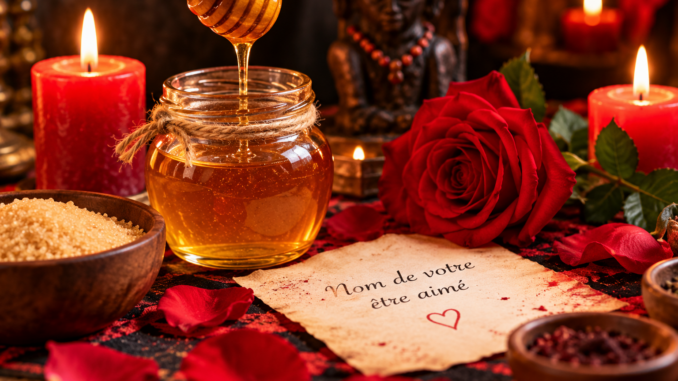 Rituel d’amour avec le nom et le miel dans une ambiance spirituelle