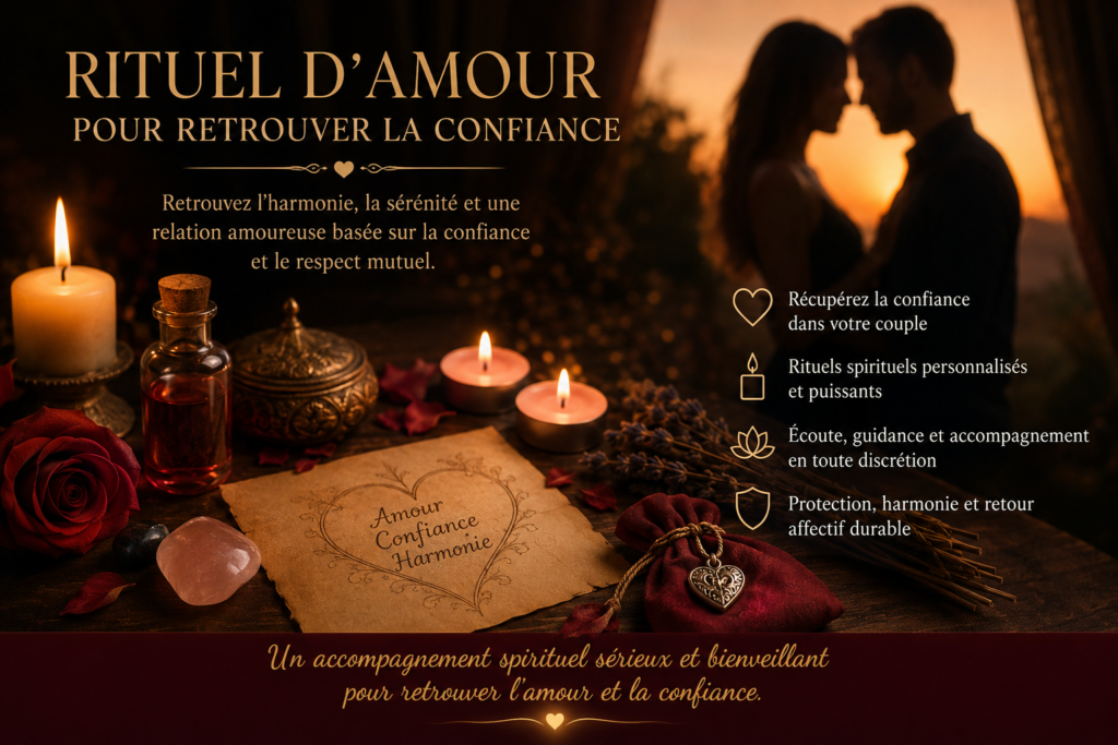 Rituel d'amour avec bougies, parchemin et objets spirituels représentant la confiance retrouvée dans le couple.