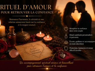Rituel d'amour avec bougies, parchemin et objets spirituels représentant la confiance retrouvée dans le couple.