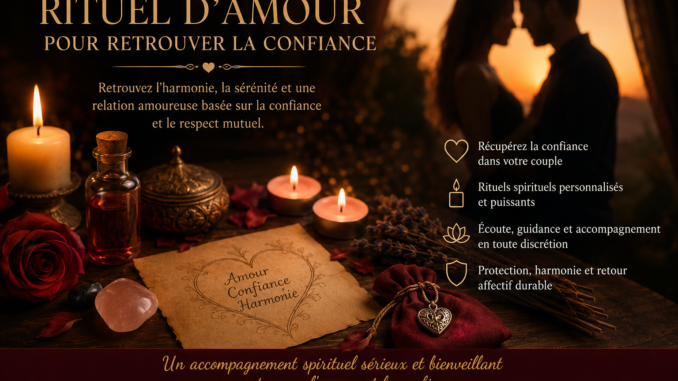 Rituel d'amour avec bougies, parchemin et objets spirituels représentant la confiance retrouvée dans le couple.