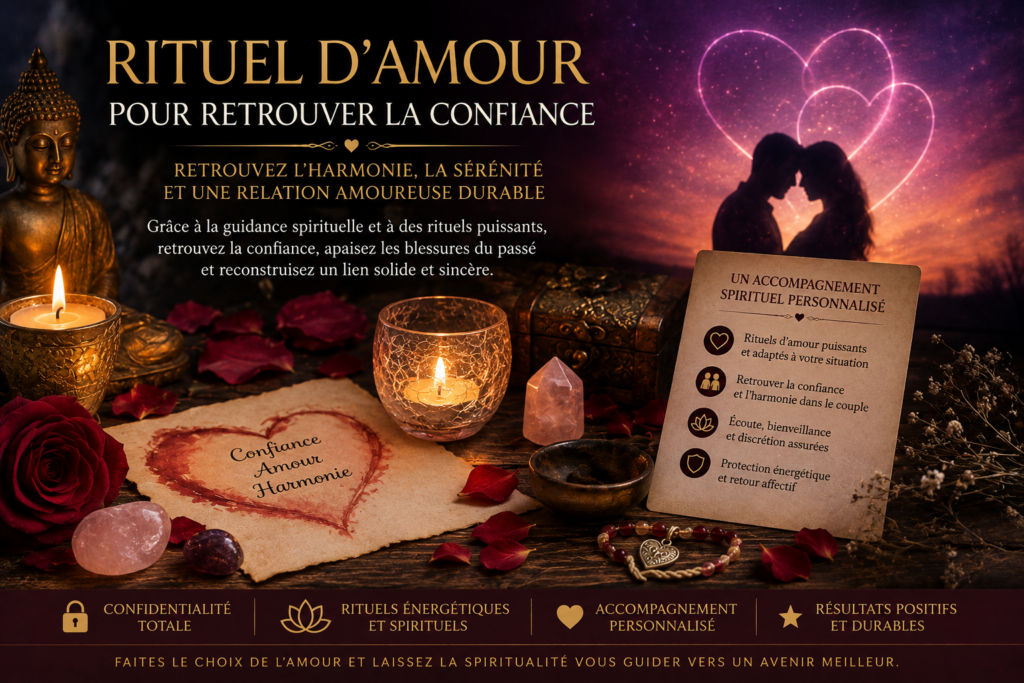 Autel spirituel avec bougies, cristal, rose et couple amoureux illustrant un rituel d'amour pour retrouver la confiance.