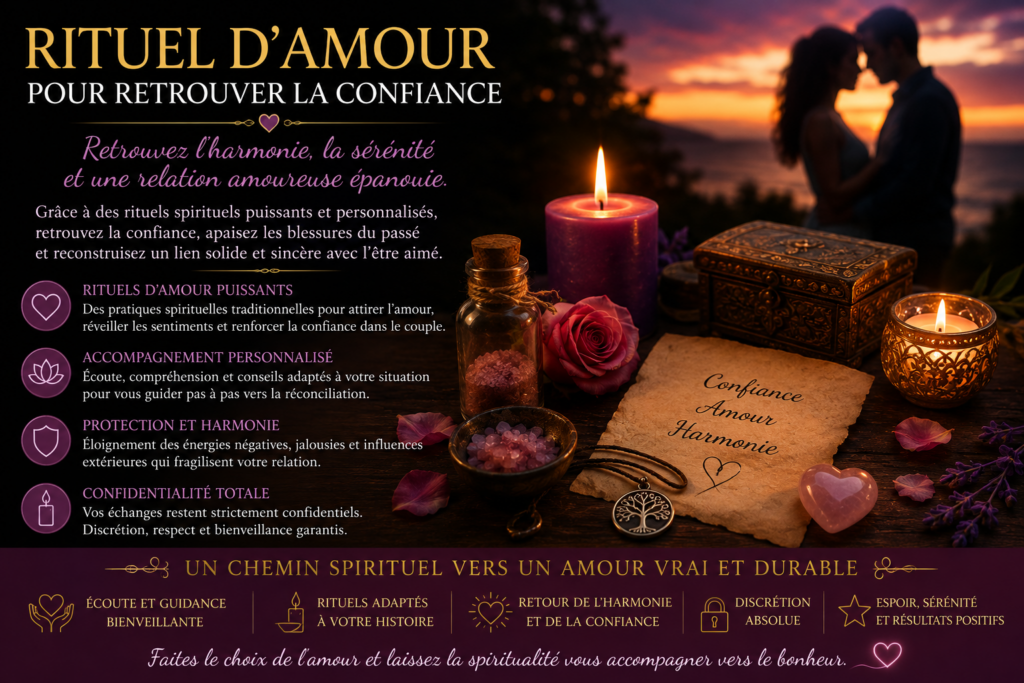 Couple amoureux au coucher du soleil avec bougies, roses et objets spirituels représentant un rituel d'amour pour retrouver la confiance.