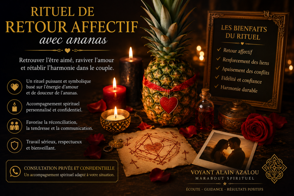 Affiche illustrant un rituel de retour affectif avec un ananas, des bougies, une rose et des objets spirituels pour symboliser la réconciliation amoureuse.