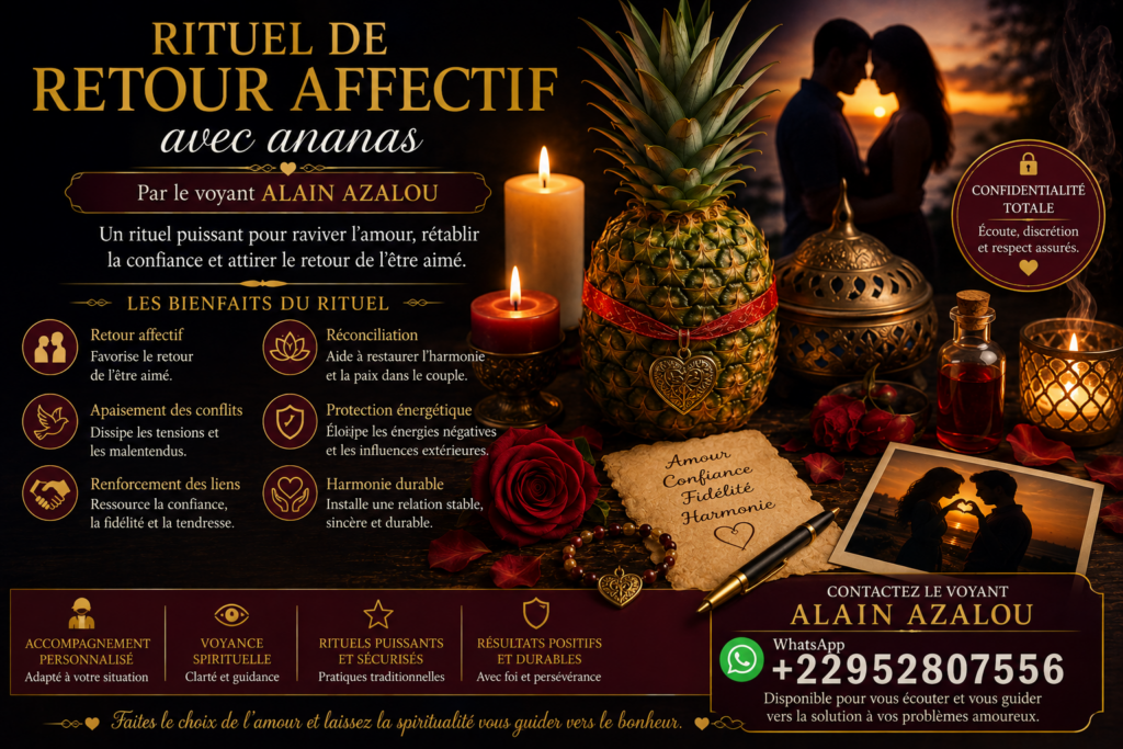 Autel spirituel avec ananas, bougies, encens et symbole d'amour représentant un rituel de retour affectif dans une ambiance chaleureuse.