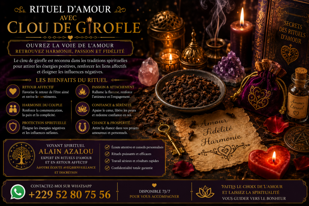 Autel ésotérique avec clous de girofle, cristaux, encens et bougies dans une ambiance mystique.