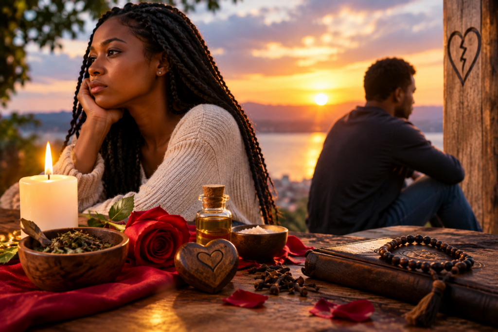  Femme et homme séparés au coucher du soleil symbolisant une rupture amoureuse Whatsapp:+229 52807556